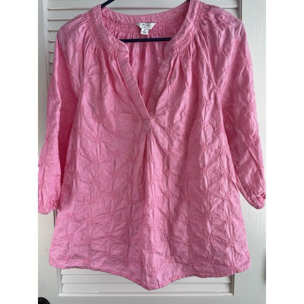 Crown and Ivy Pink Embroidered Puff Midi Sleeve Peasant Top V Neck Women's Sz S